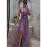 Asymmetrisches Abendkleid – One-Shoulder Maxikleid mit Blumenapplikation & Schlitz