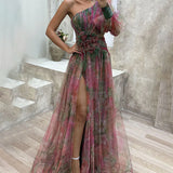 Asymmetrisches Abendkleid – One-Shoulder Maxikleid mit Blumenapplikation & Schlitz