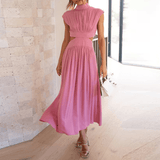 Elegantes schwarzes Midikleid mit Cut-Outs – Stehkragen & Plissee für stilvolle Auftritte