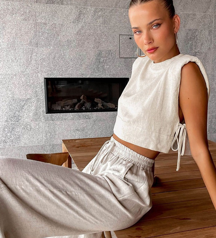 Elena | Zweiteiliges Leinen-Set mit Weitbein-Hose