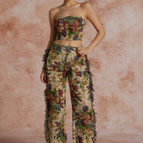 Jara | Extravagantes Zweiteiler-Set mit Bustier & bestickter Cargo-Hose
