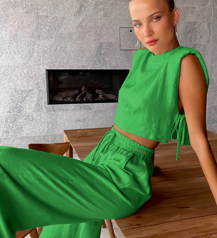 Elena | Zweiteiliges Leinen-Set mit Weitbein-Hose