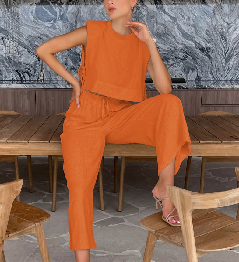 Elena | Zweiteiliges Leinen-Set mit Weitbein-Hose