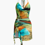 Mira | Asymmetrischer Seitenschlitz Neckholder-Minikleid mit Kunstdruck