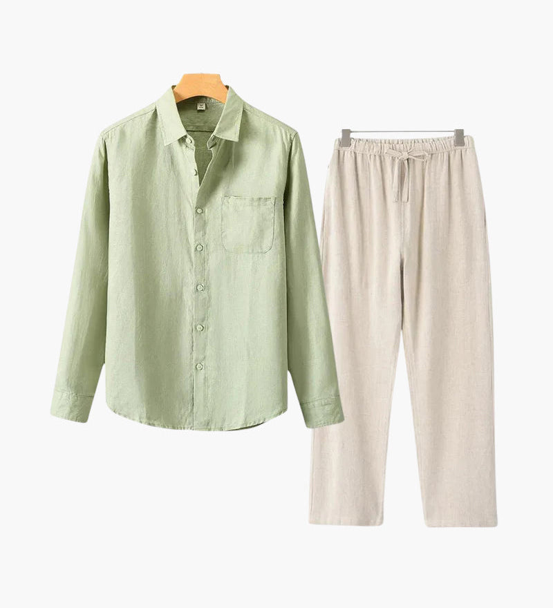 Christopher | Lange Ärmel Hemd & Hose Zweiteiliges Leinen-Set Herren-Sommer-Outfit
