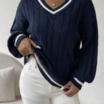 Freja | Gestreiftes Kabelstrickpullover Mit V Neck Zendoo.de