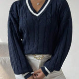Freja | Gestreiftes Kabelstrickpullover Mit V Neck Zendoo.de