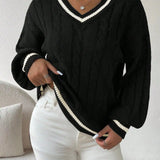 Freja | Gestreiftes Kabelstrickpullover Mit V Neck Zendoo.de