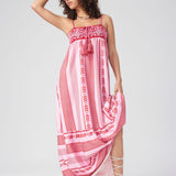 Maxikleid mit Ethno-Muster, Trägern und Schlitz für Damen