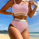 Schwarzer High-Waist Bikini mit Chevron-Detail – 2-teiliges Set mit Spaghettiträgern &amp; Strukturstoff