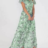 Romantisches Maxikleid mit Blumenprint – Rosa Chiffon, V-Ausschnitt & Schmetterlingsärmel