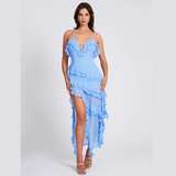 Volant Maxikleid mit Spaghettiträgern und hohem Schlitz für Damen