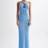 Häkel-Maxikleid mit Blumenapplikationen und Neckholder für Damen