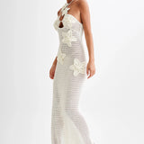 Häkel-Maxikleid mit Blumenapplikationen und Neckholder für Damen