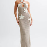 Häkel-Maxikleid mit Blumenapplikationen und Neckholder für Damen