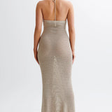 Häkel-Maxikleid mit Blumenapplikationen und Neckholder für Damen