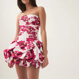 Schulterfreies Mini Kleid mit Ballonrock und floralem Muster für Damen