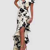Asymmetrisches Wickelkleid – Maxikleid mit Blumenmuster & Volant-Saum