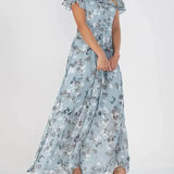 Romantisches Maxikleid mit Blumenprint – Rosa Chiffon, V-Ausschnitt & Schmetterlingsärmel