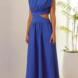 Elegantes schwarzes Midikleid mit Cut-Outs – Stehkragen & Plissee für stilvolle Auftritte