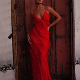 Maxikleid mit Rüschen – Figurbetontes Abendkleid mit Spaghettiträgern