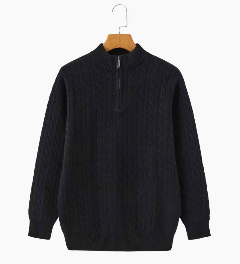 Roman | Chunky knit Herren Chasmere Pullover mit Kabelstrickmuster & Halb Reißverschluss Kragen