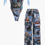 Andrea | Kunstvolle Corsage & Cargohose mit Retro-Print
