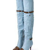 Chloe | Denim kniehohe Stiefel mit Absatz & Einstellbar Braun Gürtel