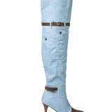 Chloe | Denim kniehohe Stiefel mit Absatz & Einstellbar Braun Gürtel