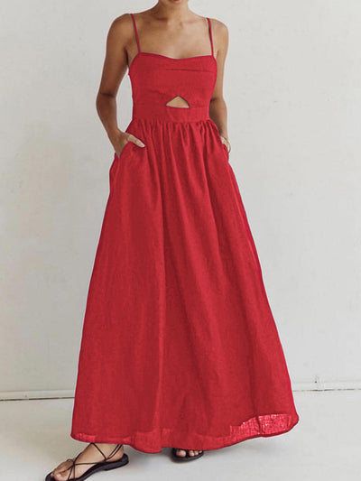 Benedikta | Ärmelloses Maxi-Kleid aus Leinen mit Cut-Out-Detail und Spaghettiträgern