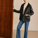 Sofia | Schwarze Lederjacke mit Teddy-Futter