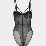 Daisy | Spaghettiträgern Schwarz Verführerischer Mesh-Body mit Bügel-Cups