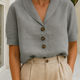 Leinenbluse mit kurzem Ärmel und Knopfleiste für Damen
