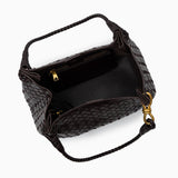 Valeria | Geflochtene schwarze Damenhandtasche aus veganem Leder mit Schulterriemen & goldenen Details