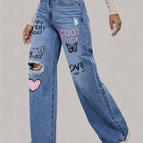 Weit geschnittene Jeans mit Herz- & Graffiti-Print – Trendige Streetstyle-Denim