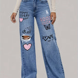 Weit geschnittene Jeans mit Herz- & Graffiti-Print – Trendige Streetstyle-Denim