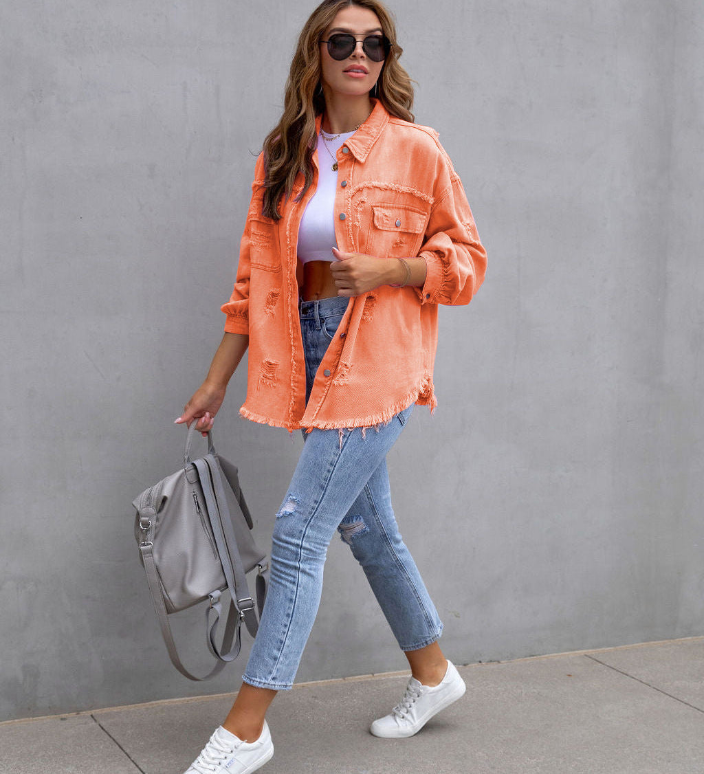 Damen Oversized Jeansjacke – Trendige Übergangsjacke mit Distressed Look