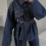 Damen-Denim-Set – Elegante Taillierte Jeansjacke mit Gürtel & Weite High-Waist Hose