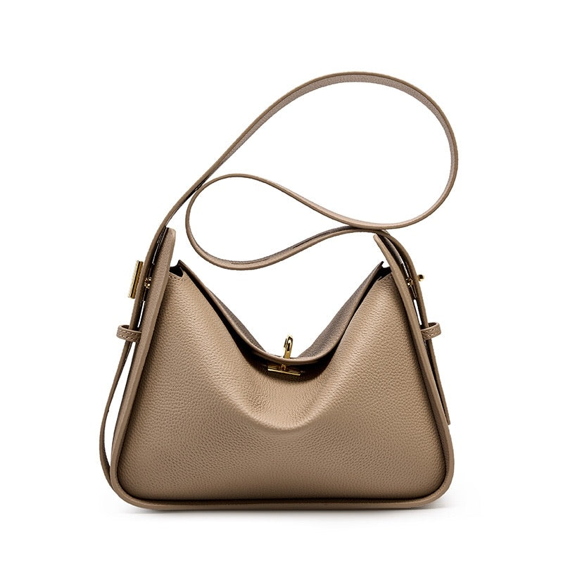 Aria | Elegante Damenhandtasche aus echtem Leder mit Drehverschluss, Top-Handle & Gold-Details – Strukturierte Schultertasche