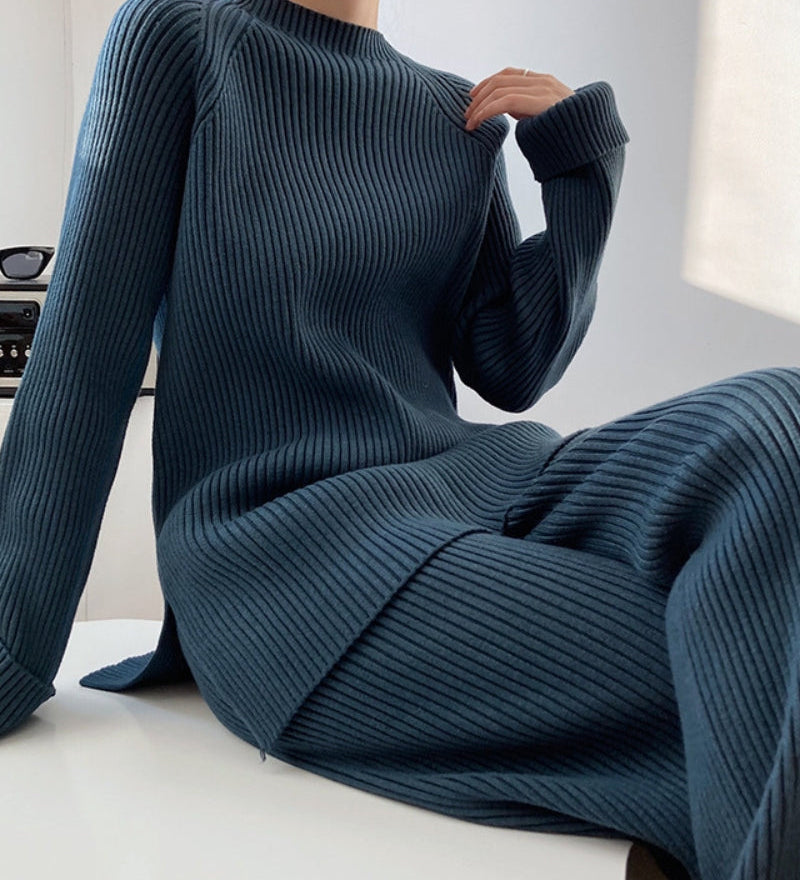Camila | Rippenstrick Weites Bein Schlaghosen & Pullover Zweiteilig Lounge-Set