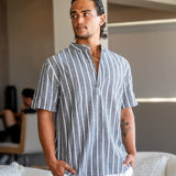 Charles | Gestreiftes Herren-Sommer Leinenhemd mit Stehkragen