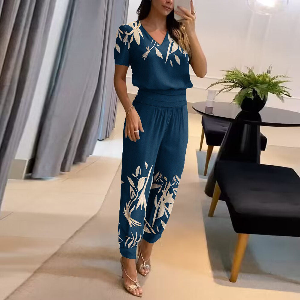Damen Sommer Zweiteiler mit modernem Print und V-Ausschnitt