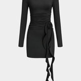 Valeria | Elegantes Schwarzes Langärmliges Minikleid – Figurbetonte Passform mit Drapierung & Rosendetail