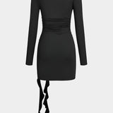Valeria | Elegantes Schwarzes Langärmliges Minikleid – Figurbetonte Passform mit Drapierung & Rosendetail