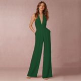 Damen Jumpsuit mit Tiefer V-Ausschnitt – Eleganter Ärmelloser Overall mit Weitem Bein