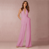 Damen Jumpsuit mit Tiefer V-Ausschnitt – Eleganter Ärmelloser Overall mit Weitem Bein