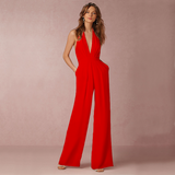 Damen Jumpsuit mit Tiefer V-Ausschnitt – Eleganter Ärmelloser Overall mit Weitem Bein
