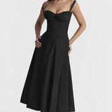 Laura | Schwarzes Corsagen-Midikleid mit A-Linie & Trägern