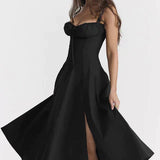 Laura | Schwarzes Corsagen-Midikleid mit A-Linie & Trägern