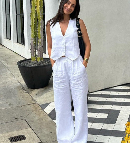 Mara | Elegantes Leinen-Set mit Weste & Weitbein-Hose